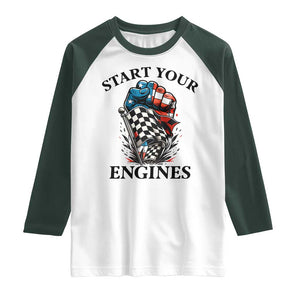 Checkered American Flag Racing Raglan Shirt Start Your Engines Race Car TS14 White Dark Forest Green Print Your Wear