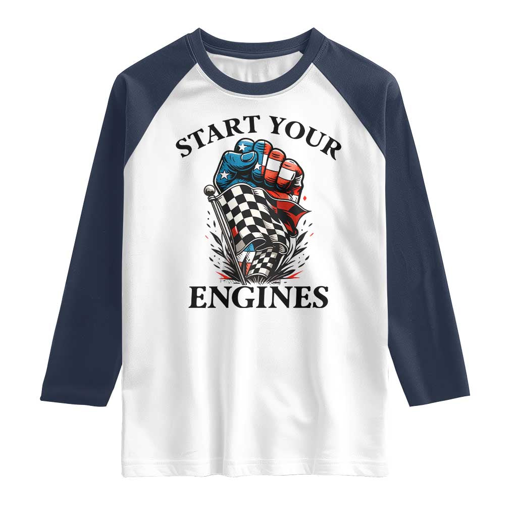 Checkered American Flag Racing Raglan Shirt Start Your Engines Race Car TS14 White Navy Print Your Wear