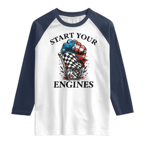 Checkered American Flag Racing Raglan Shirt Start Your Engines Race Car TS14 White Navy Print Your Wear