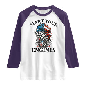 Checkered American Flag Racing Raglan Shirt Start Your Engines Race Car TS14 White Purple Print Your Wear
