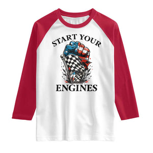 Checkered American Flag Racing Raglan Shirt Start Your Engines Race Car TS14 White Red Print Your Wear