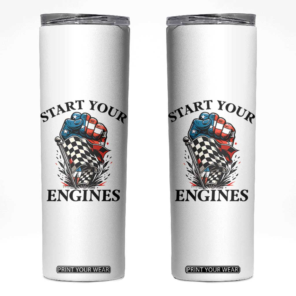 Checkered American Flag Racing Skinny Tumbler Start Your Engines Race Car TS14 White Print Your Wear