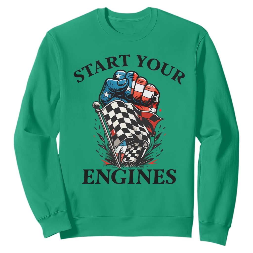 Checkered American Flag Racing Sweatshirt Start Your Engines Race Car TS14 Irish Green Print Your Wear