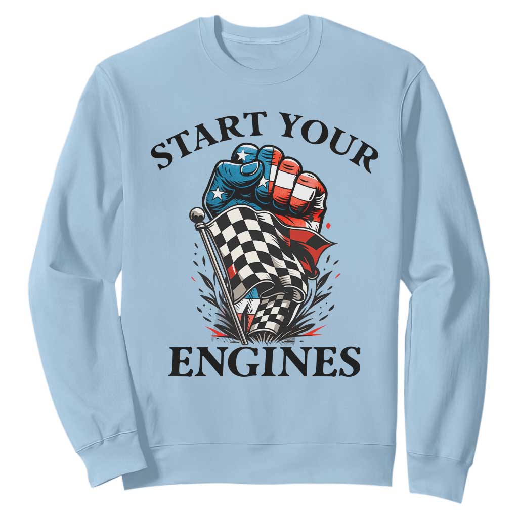 Checkered American Flag Racing Sweatshirt Start Your Engines Race Car TS14 Light Blue Print Your Wear