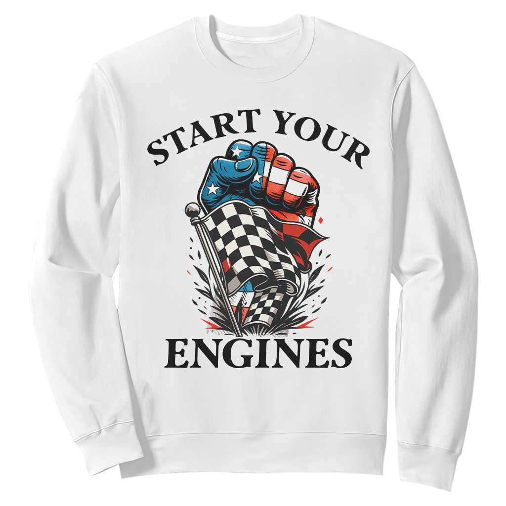 Checkered American Flag Racing Sweatshirt Start Your Engines Race Car TS14 White Print Your Wear