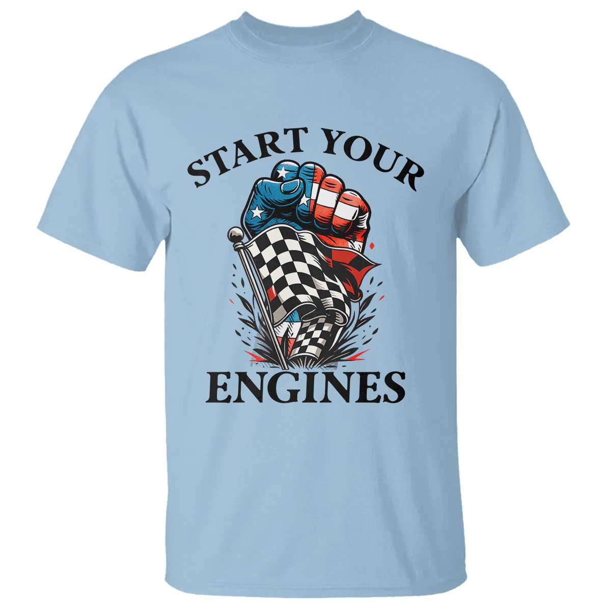 Checkered American Flag Racing T Shirt Start Your Engines Race Car TS14 Light Blue Print Your Wear