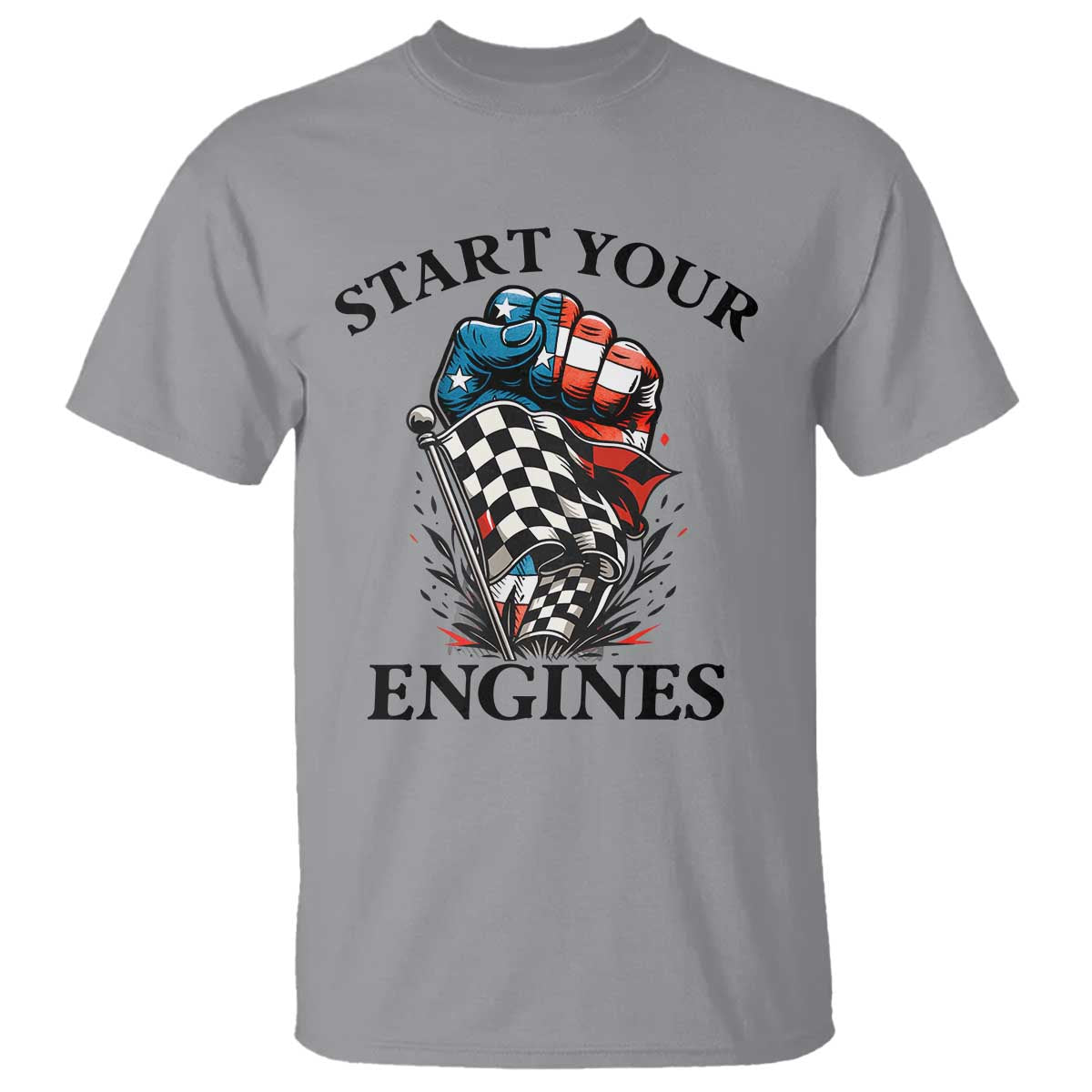 Checkered American Flag Racing T Shirt Start Your Engines Race Car TS14 Sport Gray Print Your Wear