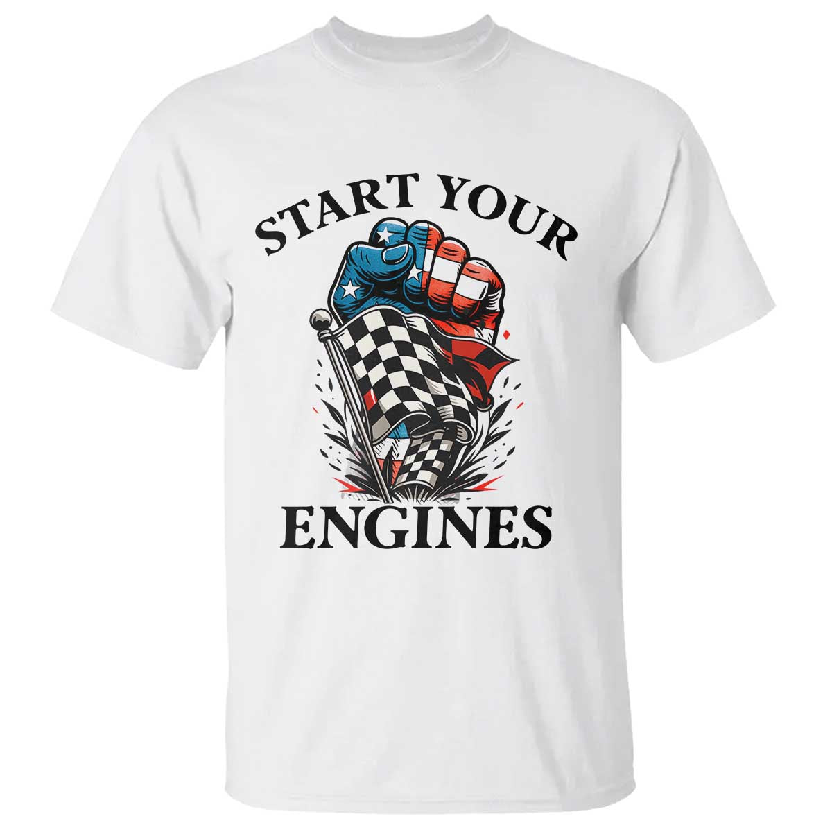 Checkered American Flag Racing T Shirt Start Your Engines Race Car TS14 White Print Your Wear