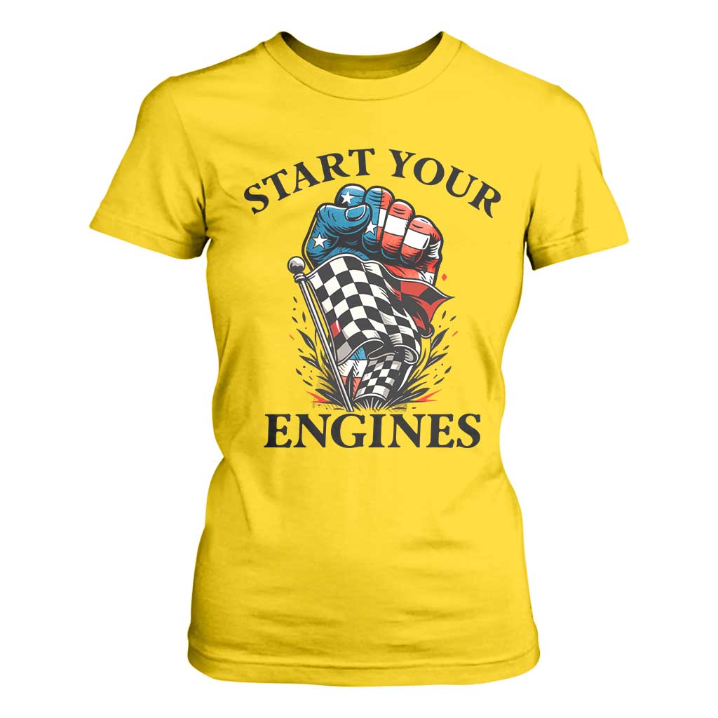 Checkered American Flag Racing T Shirt For Women Start Your Engines Race Car TS14 Daisy Print Your Wear