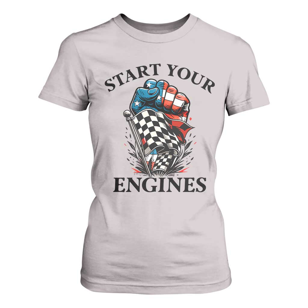 Checkered American Flag Racing T Shirt For Women Start Your Engines Race Car TS14 Ice Gray Print Your Wear