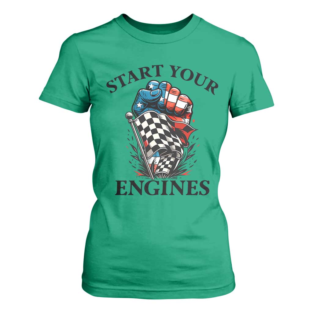 Checkered American Flag Racing T Shirt For Women Start Your Engines Race Car TS14 Irish Green Print Your Wear