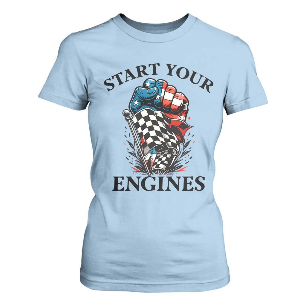 Checkered American Flag Racing T Shirt For Women Start Your Engines Race Car TS14 Light Blue Print Your Wear