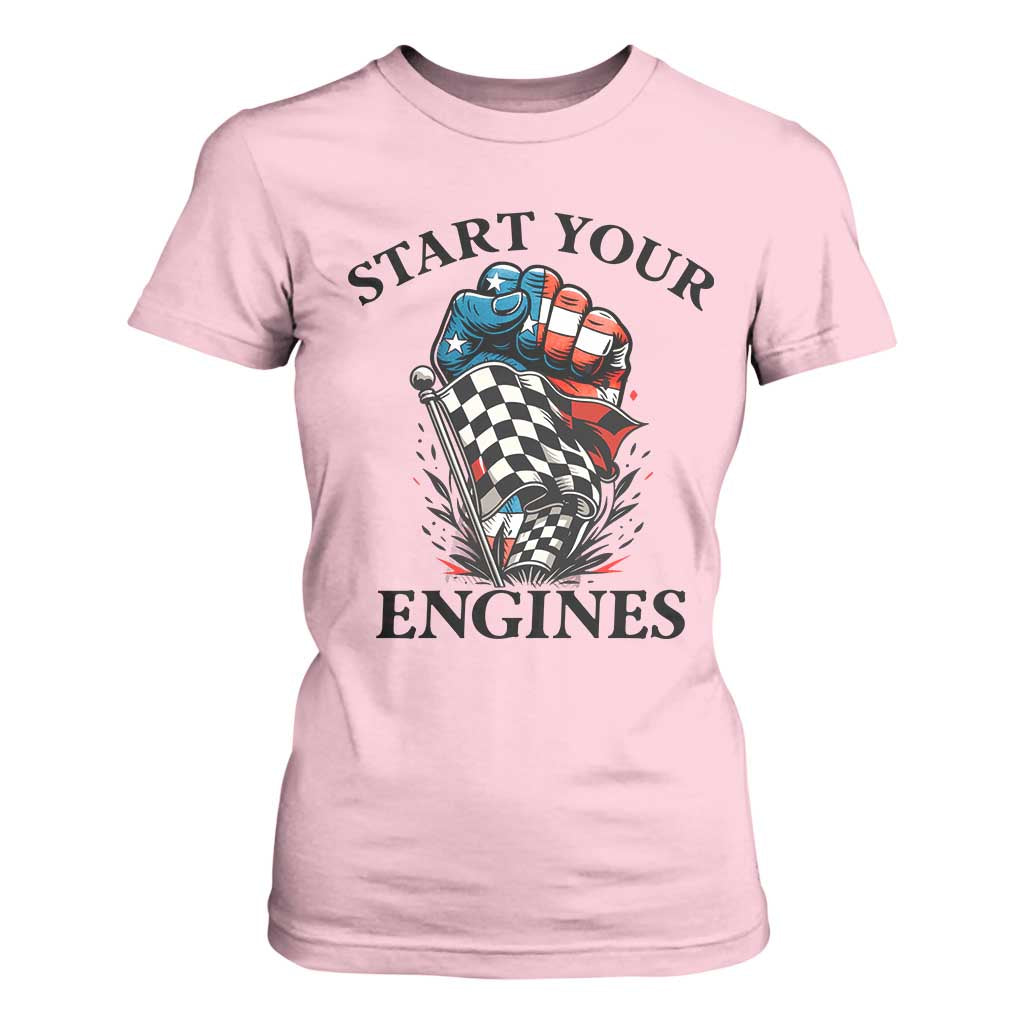 Checkered American Flag Racing T Shirt For Women Start Your Engines Race Car TS14 Light Pink Print Your Wear