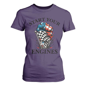 Checkered American Flag Racing T Shirt For Women Start Your Engines Race Car TS14 Purple Print Your Wear