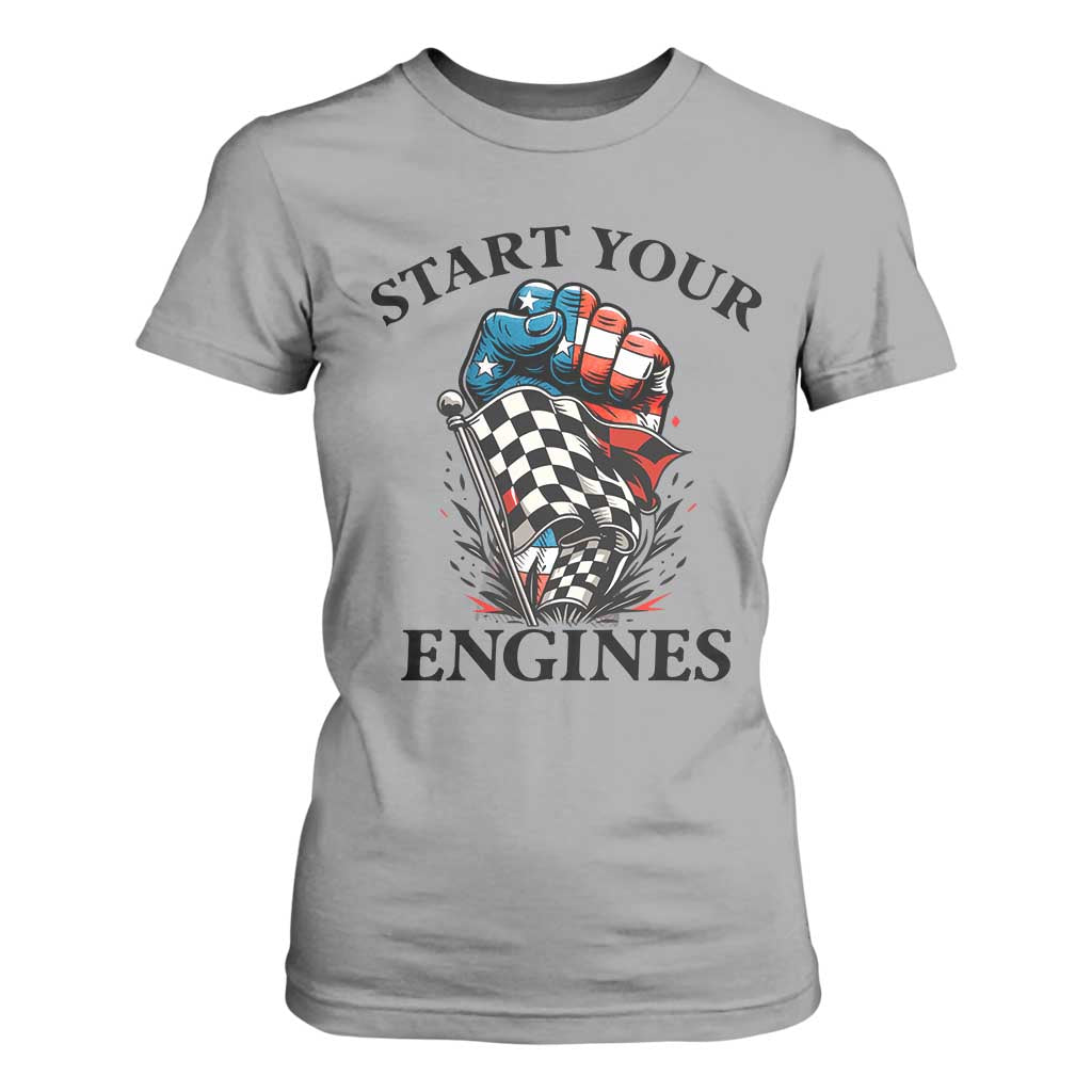Checkered American Flag Racing T Shirt For Women Start Your Engines Race Car TS14 Sport Gray Print Your Wear