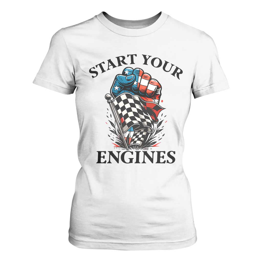 Checkered American Flag Racing T Shirt For Women Start Your Engines Race Car TS14 White Print Your Wear