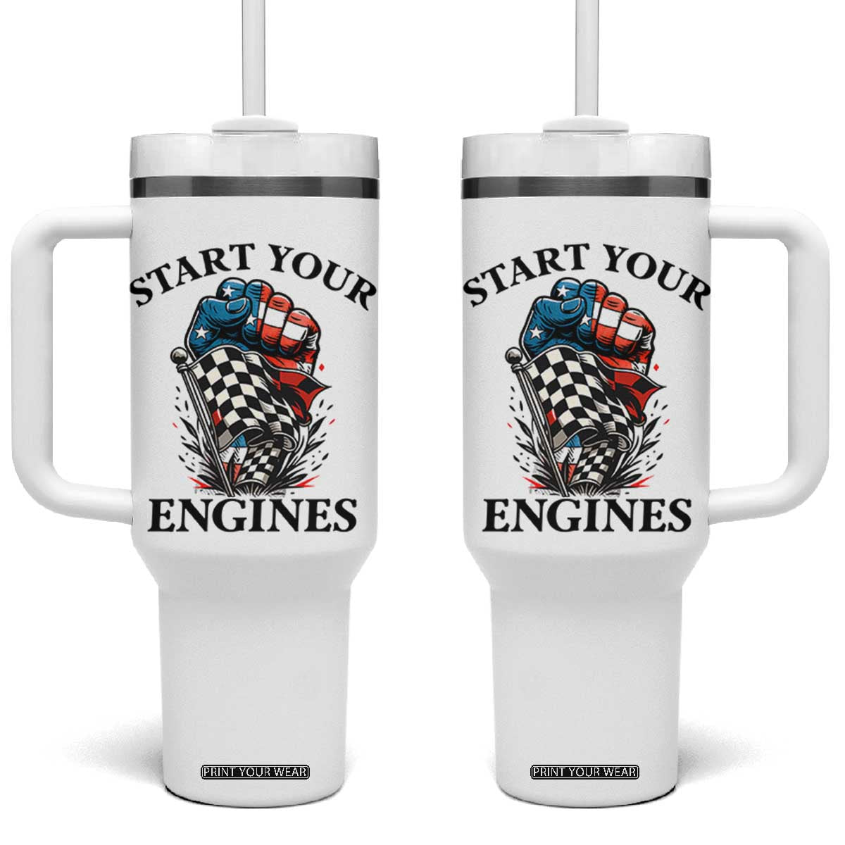 Checkered American Flag Racing Tumbler With Handle Start Your Engines Race Car TS14 One Size: 40 oz White Print Your Wear