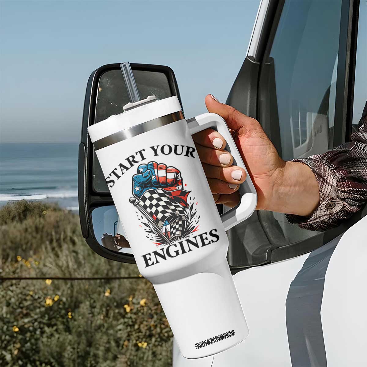 Checkered American Flag Racing Tumbler With Handle Start Your Engines Race Car TS14 Print Your Wear