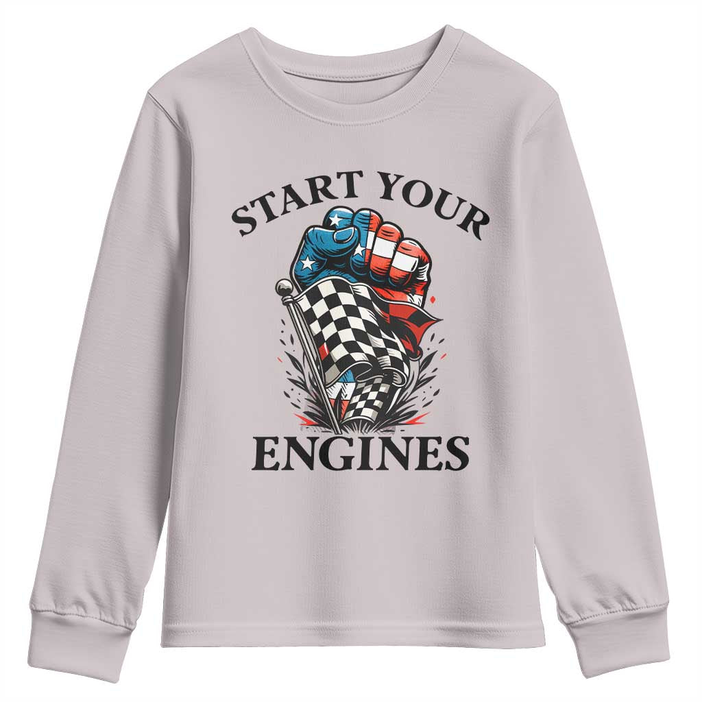 Checkered American Flag Racing Youth Sweatshirt Start Your Engines Race Car TS14 Ice Gray Print Your Wear