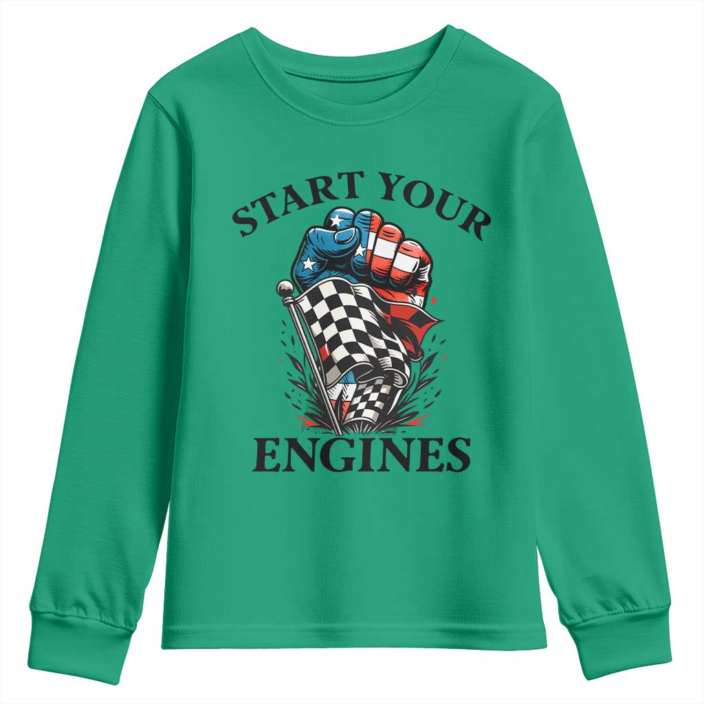 Checkered American Flag Racing Youth Sweatshirt Start Your Engines Race Car TS14 Irish Green Print Your Wear