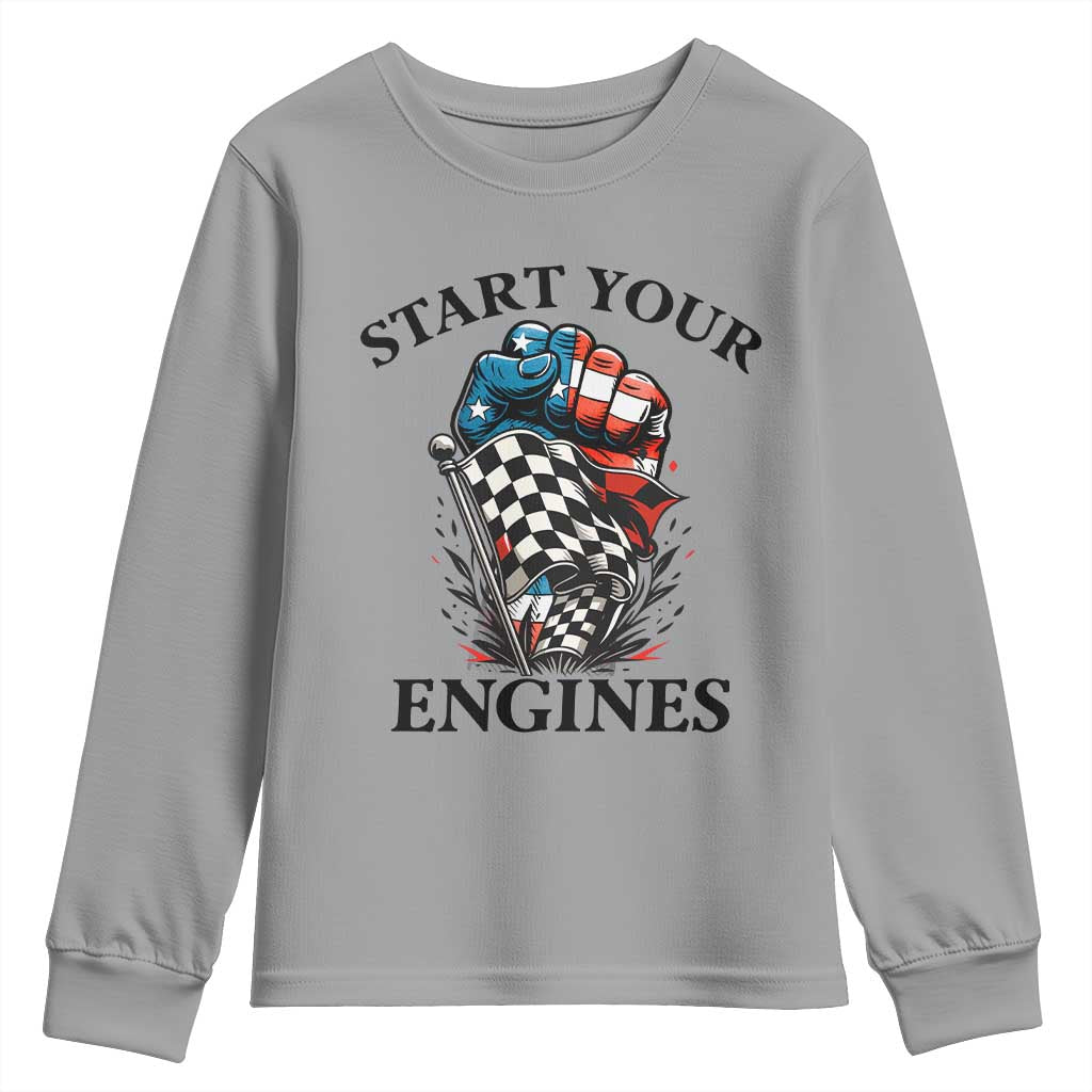 Checkered American Flag Racing Youth Sweatshirt Start Your Engines Race Car TS14 Sport Gray Print Your Wear