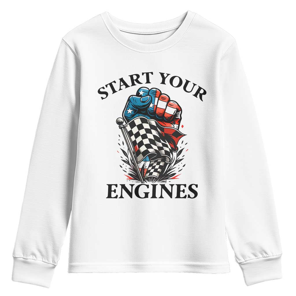 Checkered American Flag Racing Youth Sweatshirt Start Your Engines Race Car TS14 White Print Your Wear