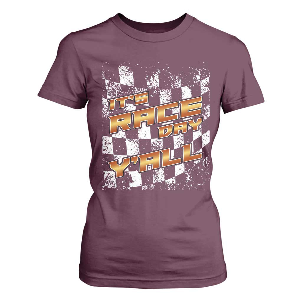Racing Checkered Flag T Shirt For Women It Is Race Day Y'all Dirt Track TS14 Maroon Print Your Wear