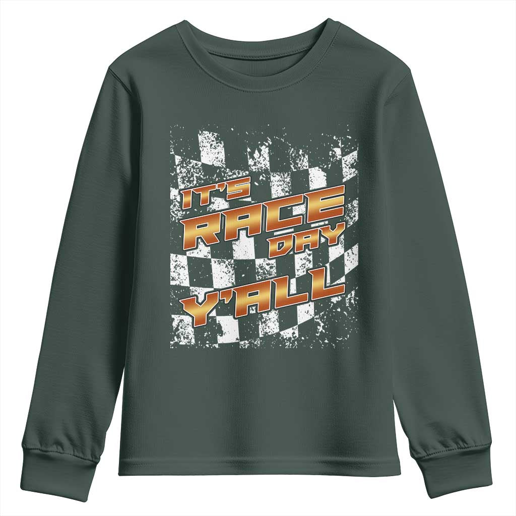 Racing Checkered Flag Youth Sweatshirt It Is Race Day Y'all Dirt Track TS14 Dark Forest Green Print Your Wear