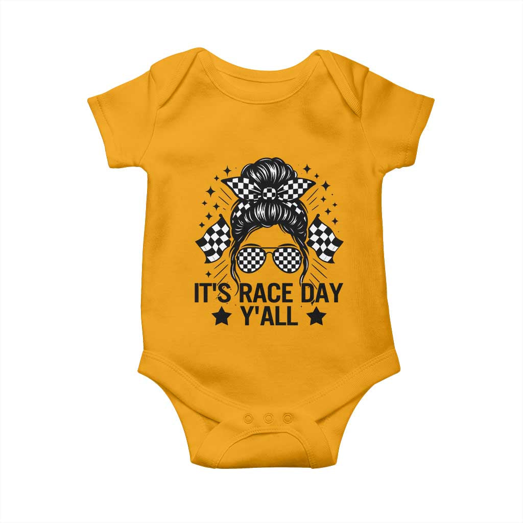 Racing Checkered Flag Messy Bun Race Day Baby Onesie TS14 Gold Print Your Wear