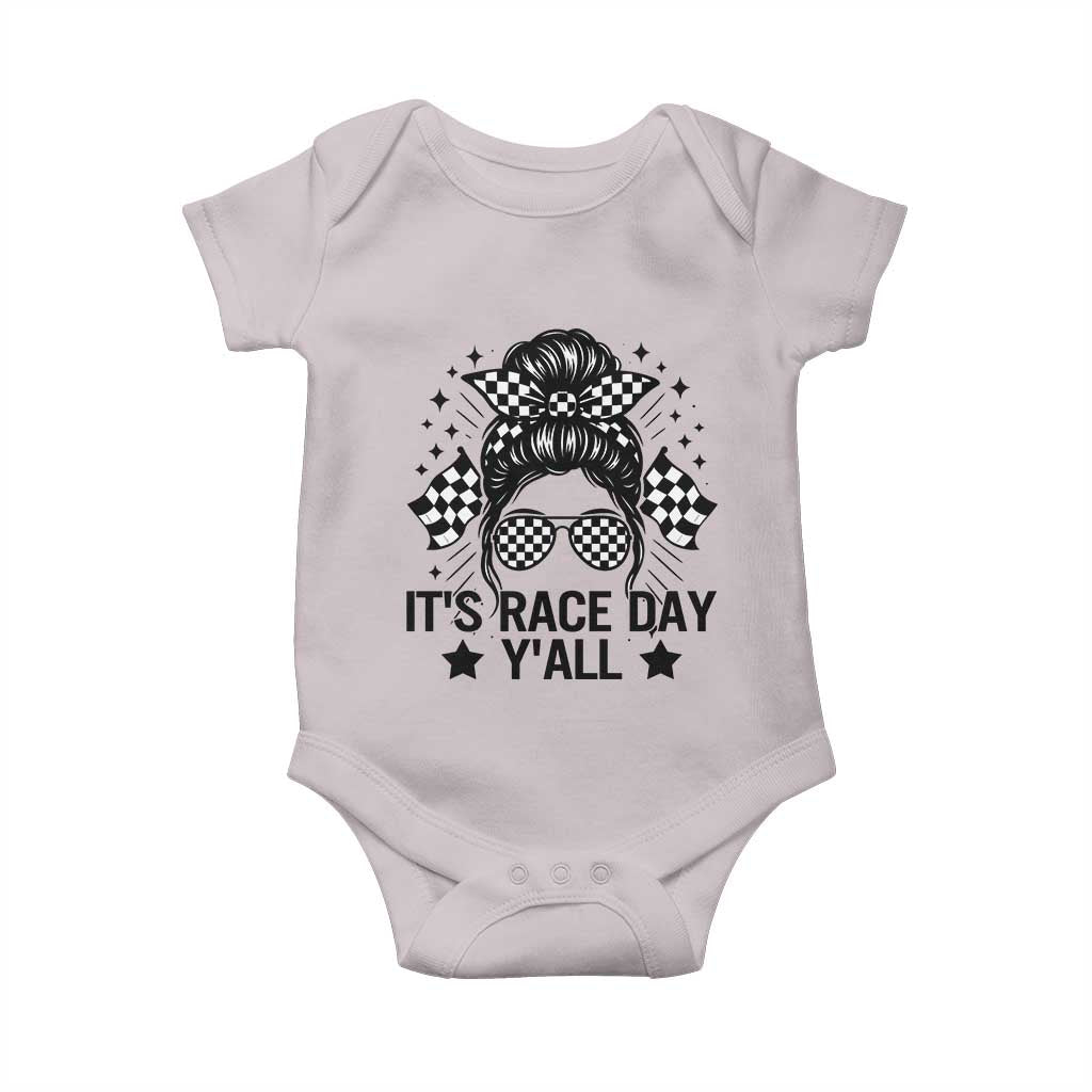 Racing Checkered Flag Messy Bun Race Day Baby Onesie TS14 Ice Gray Print Your Wear