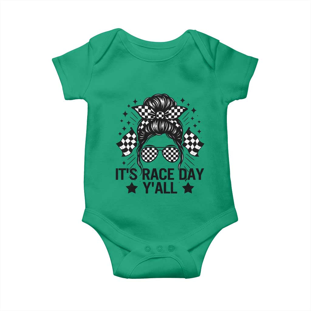 Racing Checkered Flag Messy Bun Race Day Baby Onesie TS14 Irish Green Print Your Wear