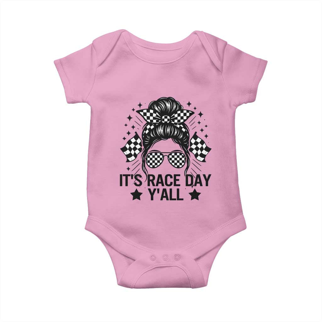 Racing Checkered Flag Messy Bun Race Day Baby Onesie TS14 Light Pink Print Your Wear