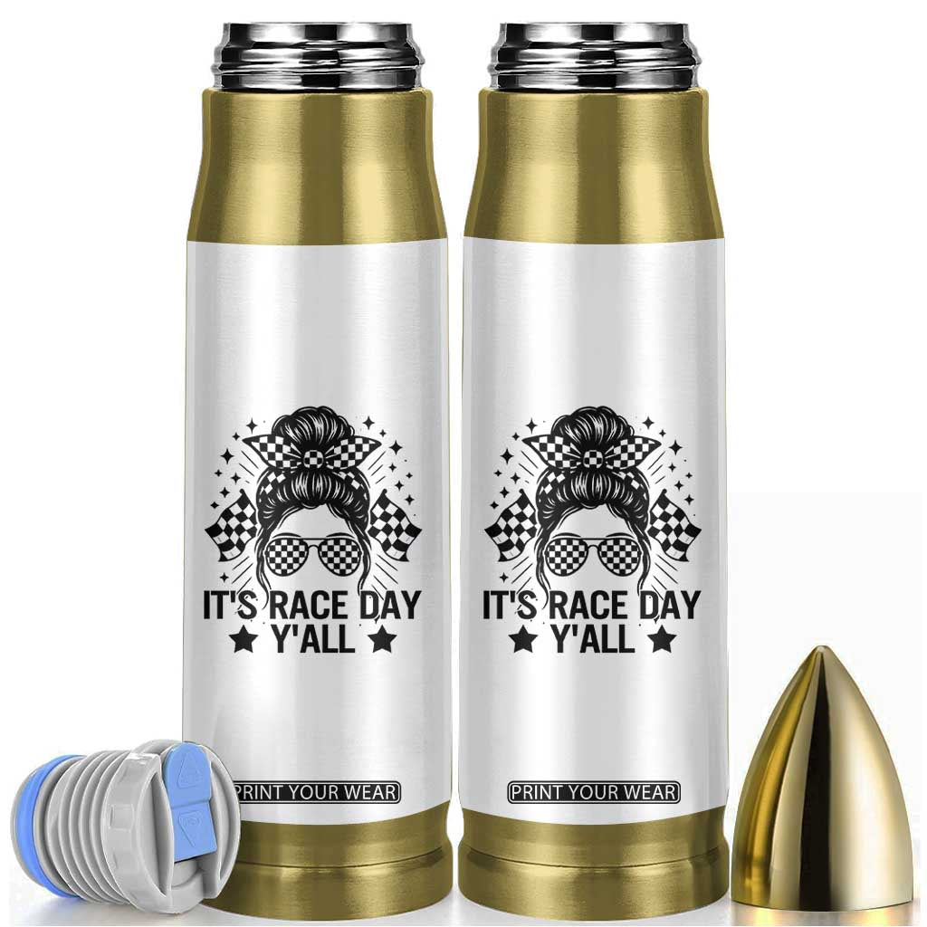 Racing Checkered Flag Messy Bun Race Day Bullet Tumbler TS14 White Print Your Wear