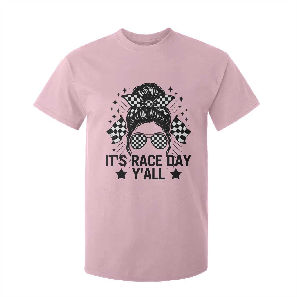 Racing Checkered Flag Messy Bun Race Day T Shirt For Kid TS14 Light Pink Print Your Wear