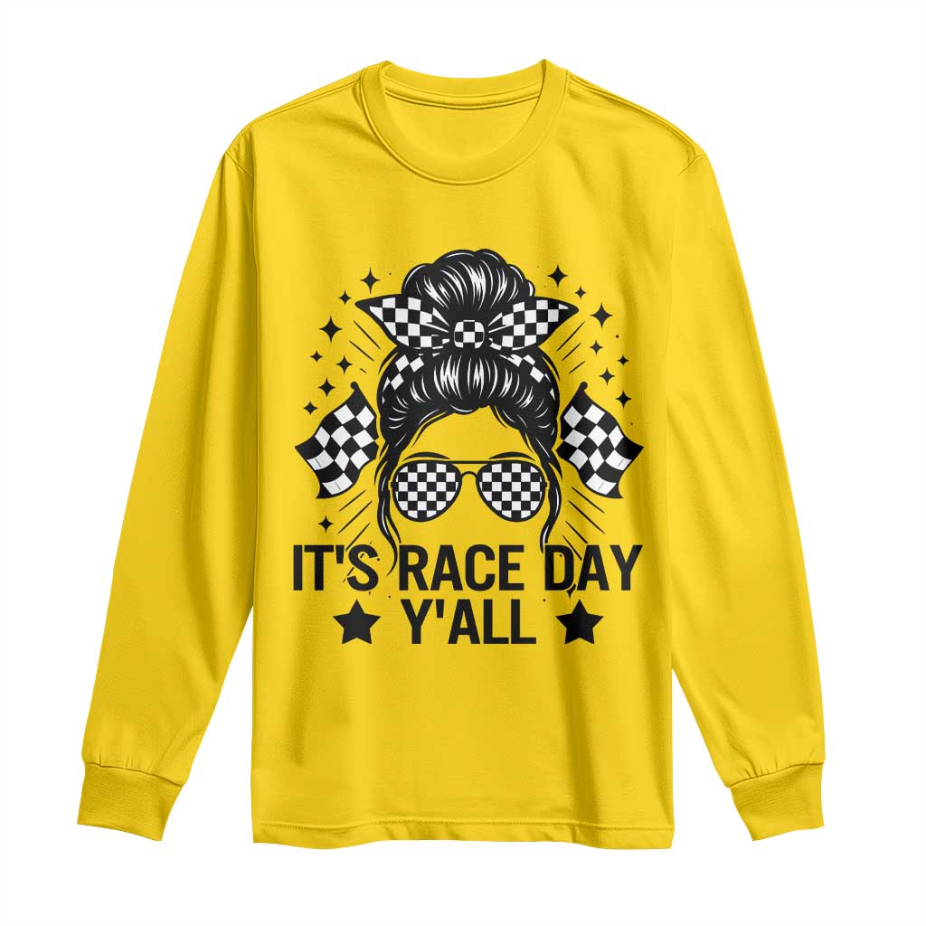 Racing Checkered Flag Messy Bun Race Day Long Sleeve Shirt TS14 Daisy Print Your Wear