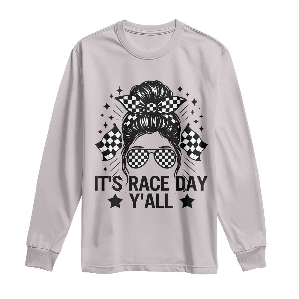 Racing Checkered Flag Messy Bun Race Day Long Sleeve Shirt TS14 Ice Gray Print Your Wear