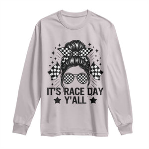 Racing Checkered Flag Messy Bun Race Day Long Sleeve Shirt TS14 Ice Gray Print Your Wear