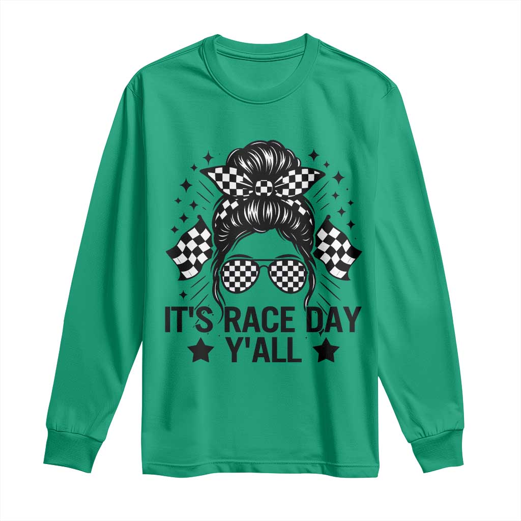 Racing Checkered Flag Messy Bun Race Day Long Sleeve Shirt TS14 Irish Green Print Your Wear
