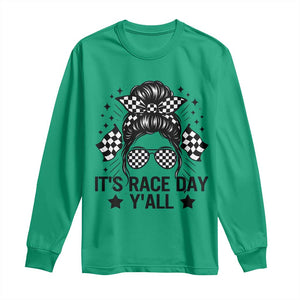 Racing Checkered Flag Messy Bun Race Day Long Sleeve Shirt TS14 Irish Green Print Your Wear