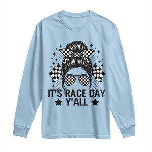 Racing Checkered Flag Messy Bun Race Day Long Sleeve Shirt TS14 Light Blue Print Your Wear