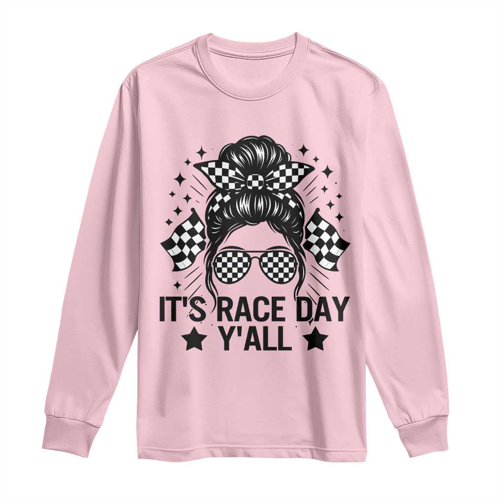 Racing Checkered Flag Messy Bun Race Day Long Sleeve Shirt TS14 Light Pink Print Your Wear