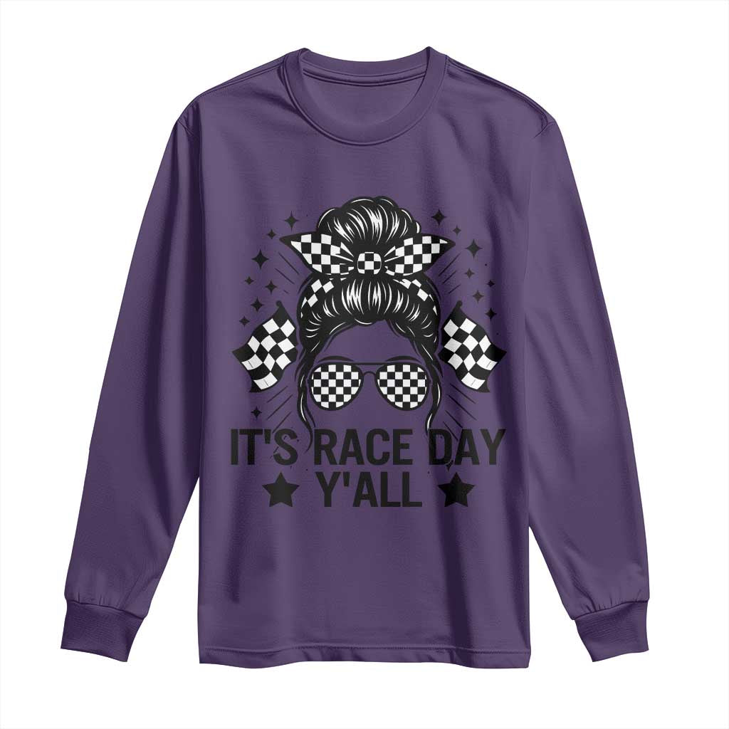 Racing Checkered Flag Messy Bun Race Day Long Sleeve Shirt TS14 Purple Print Your Wear