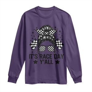 Racing Checkered Flag Messy Bun Race Day Long Sleeve Shirt TS14 Purple Print Your Wear