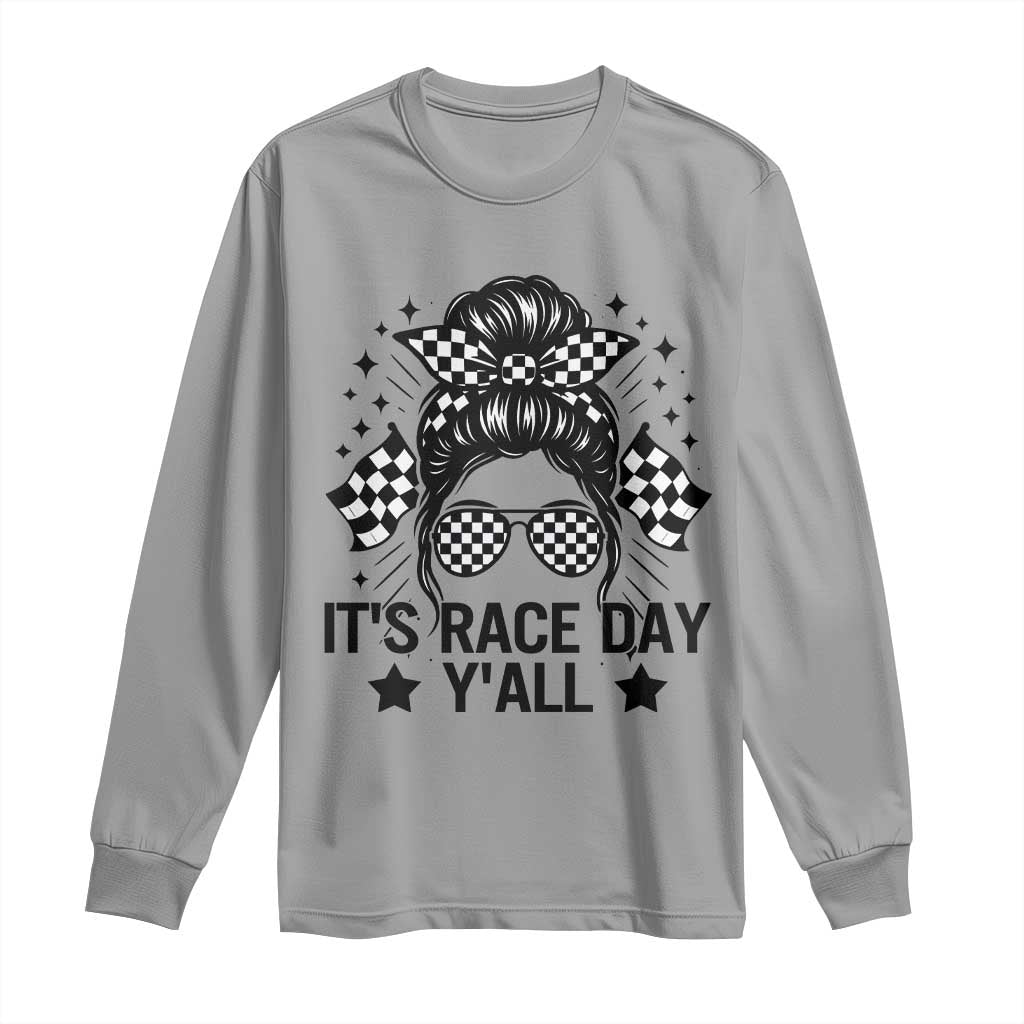 Racing Checkered Flag Messy Bun Race Day Long Sleeve Shirt TS14 Sport Gray Print Your Wear