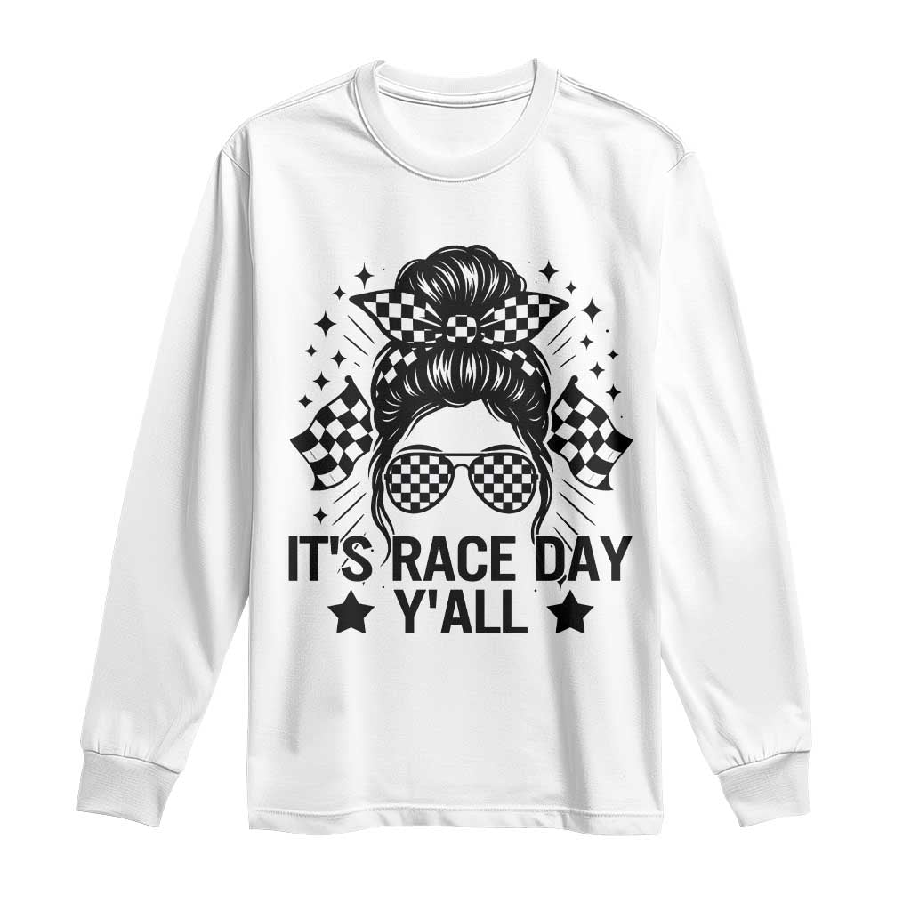 Racing Checkered Flag Messy Bun Race Day Long Sleeve Shirt TS14 White Print Your Wear