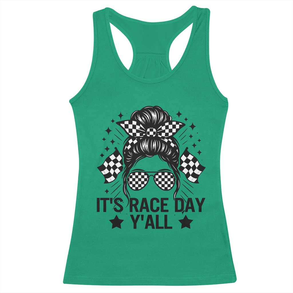 Racing Checkered Flag Messy Bun Race Day Racerback Tank Top TS14 Irish Green Print Your Wear