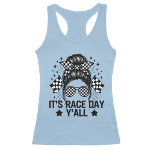 Racing Checkered Flag Messy Bun Race Day Racerback Tank Top TS14 Light Blue Print Your Wear
