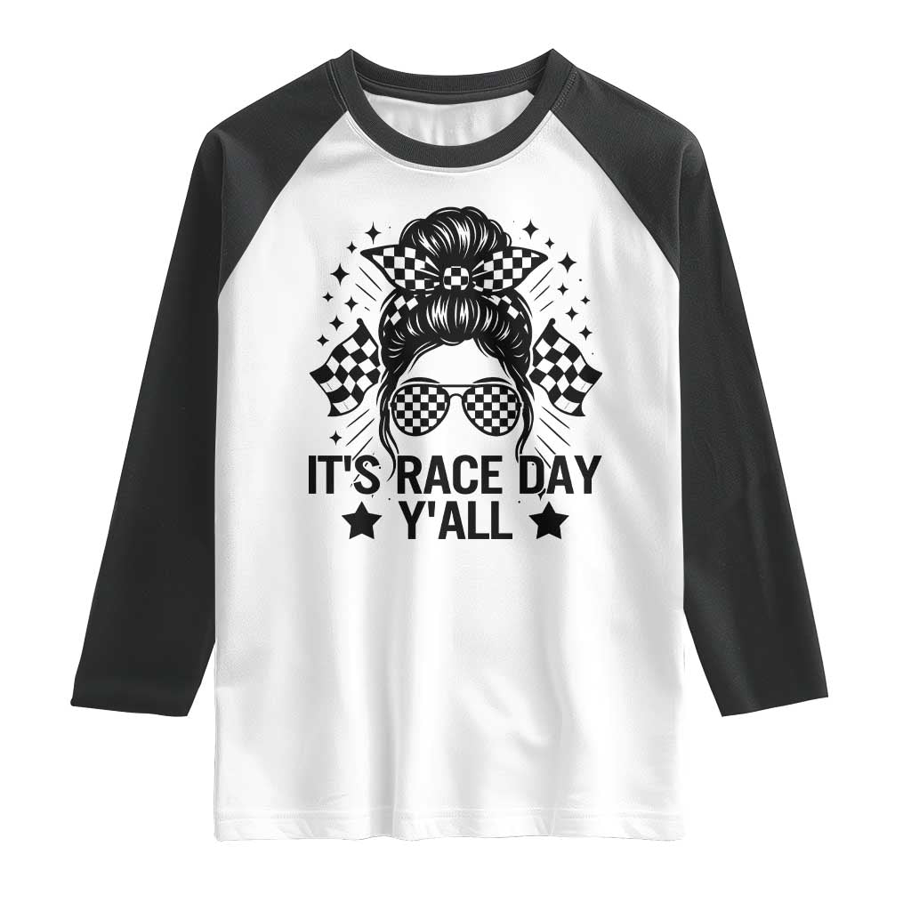 Racing Checkered Flag Messy Bun Race Day Raglan Shirt TS14 White Black Print Your Wear