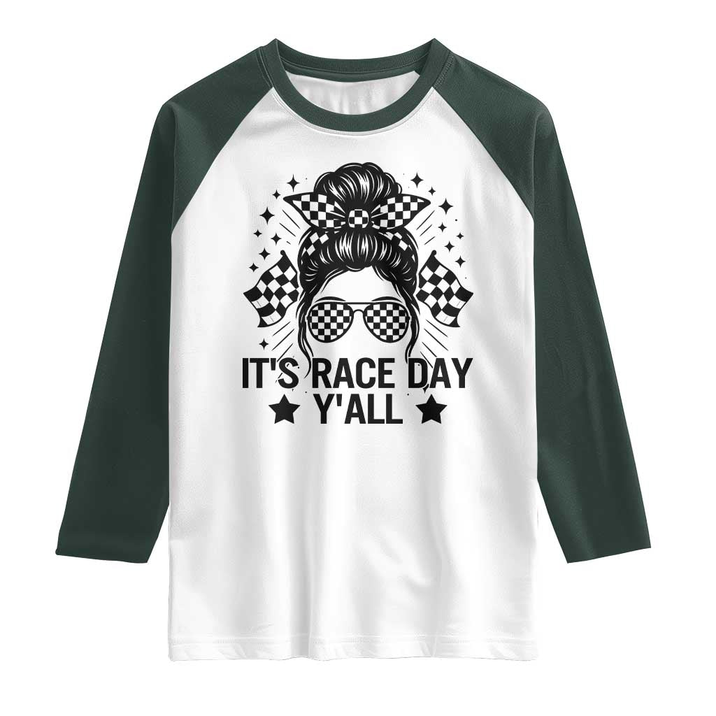 Racing Checkered Flag Messy Bun Race Day Raglan Shirt TS14 White Dark Forest Green Print Your Wear