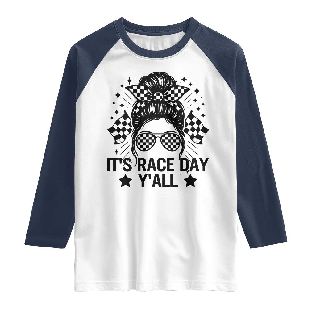 Racing Checkered Flag Messy Bun Race Day Raglan Shirt TS14 White Navy Print Your Wear